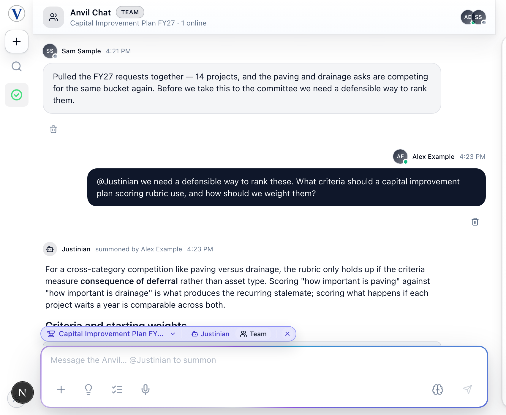 An Anvil Chat thread: a teammate's message, a question to Justinian, and Justinian's answer attributed to whoever asked
