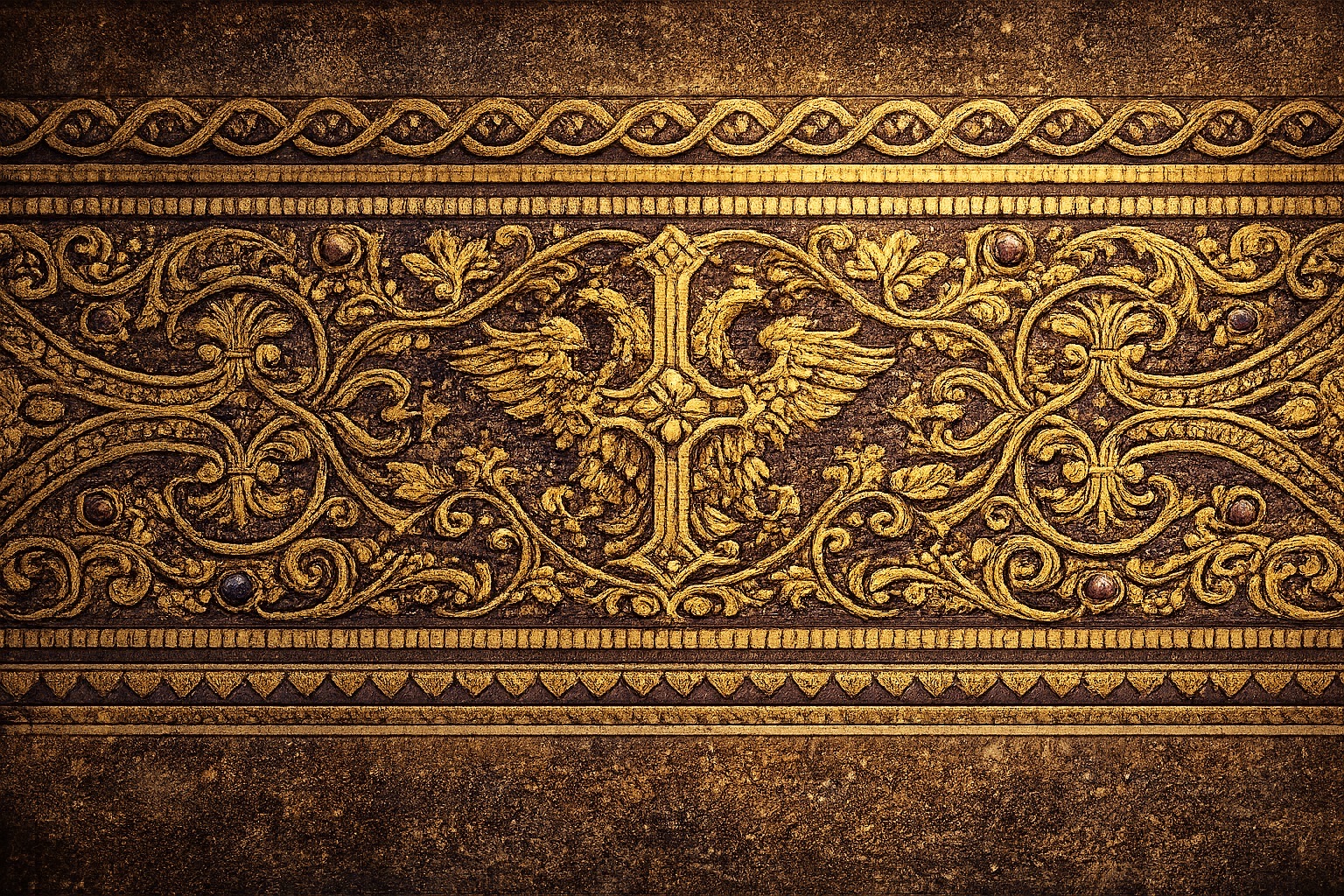 Gold byzantine frieze of scrolling vines and winged ornaments carved in relief