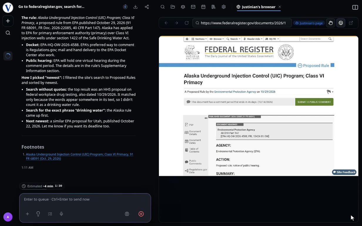 Justinian browsing the Federal Register live in a tab beside the chat: it searches, opens the newest proposed rule and finds its comment deadline.