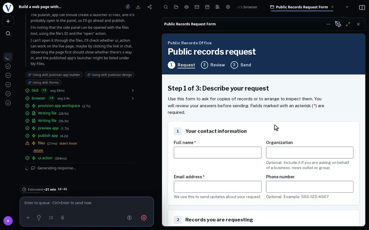 Justinian building a public web form, running an accessibility check and fixing the issues it finds.