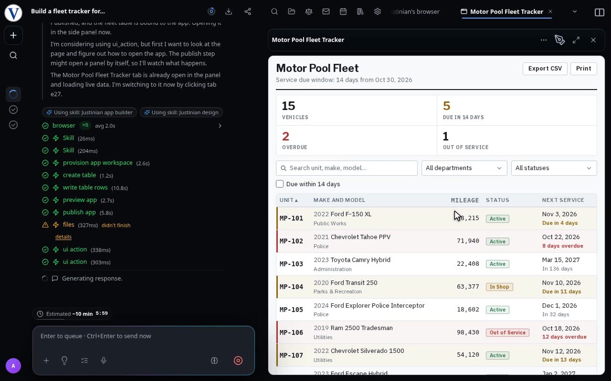 Justinian building a motor pool fleet tracker with vehicles, service due dates and overdue alerts in one view.