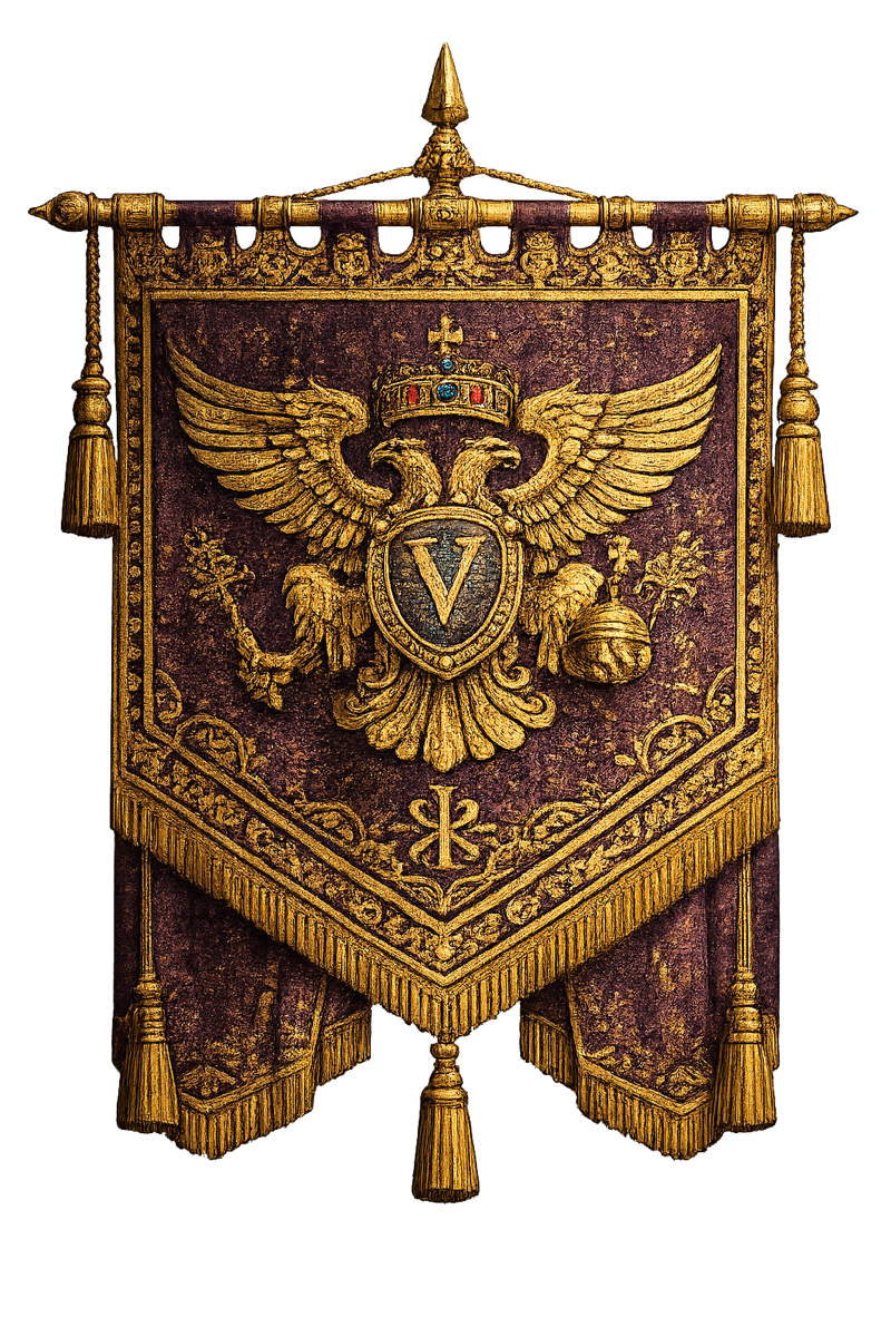 Imperial purple banner trimmed in gold, bearing the crowned double-headed eagle and V shield