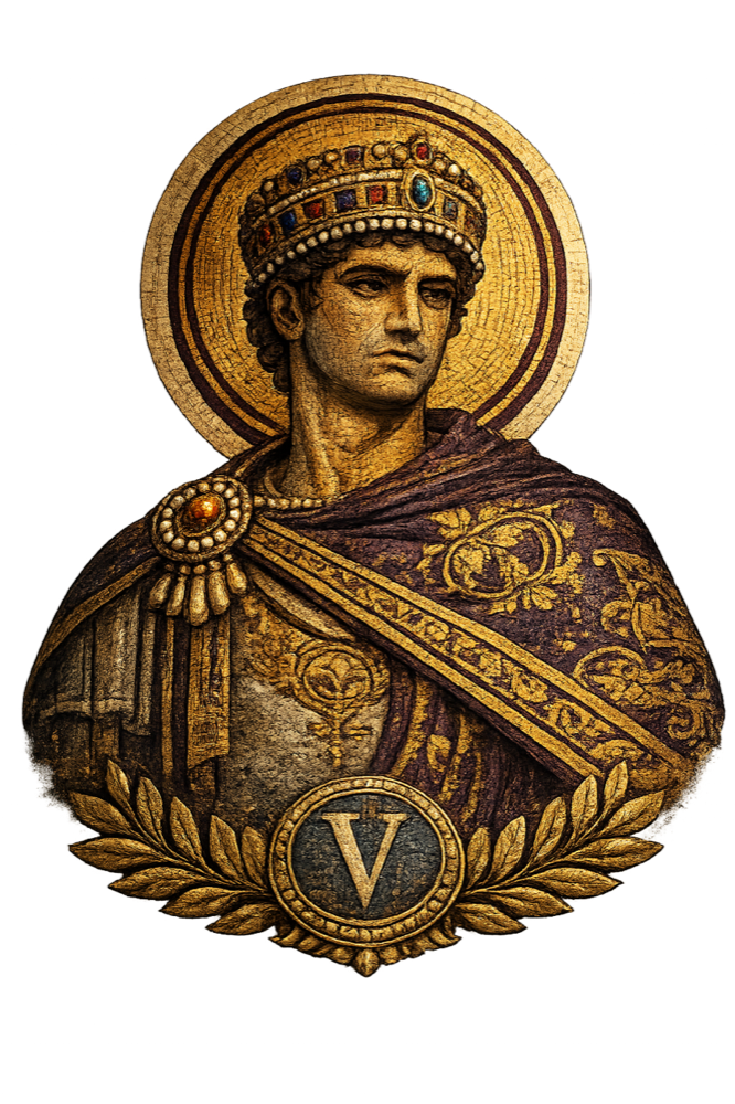 Haloed mosaic emperor above a gold laurel medallion bearing the letter V