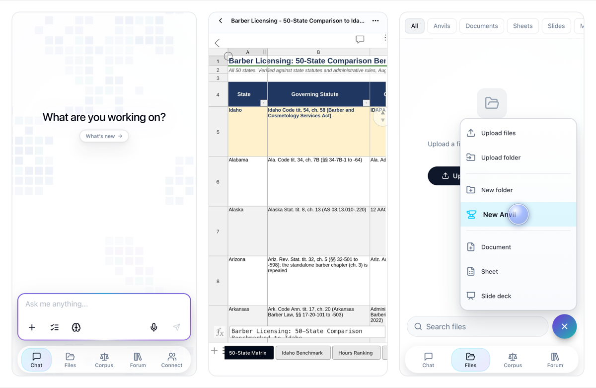 The Justinian phone app: the home screen, a multi-sheet Excel workbook open on the phone with the formula bar docked at the bottom and sheet tabs as pills, and creating a document, sheet, or slide deck from Files