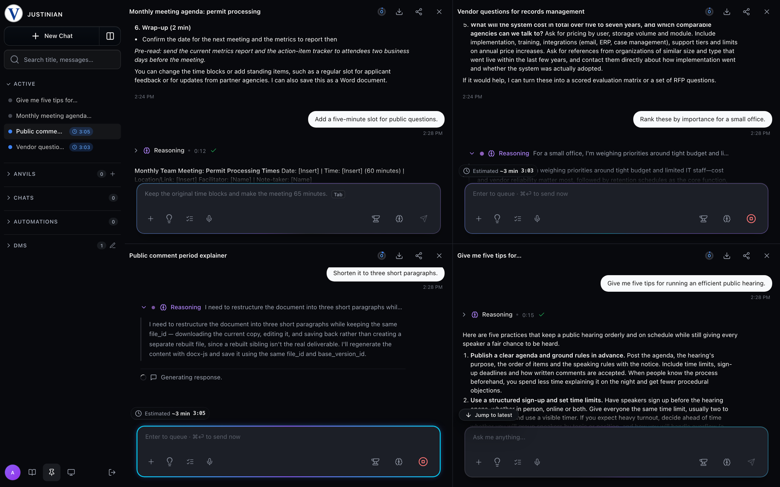 Justinian Multichat: four chats in a two-by-two grid, two of them still working on their answers while the other two have finished.