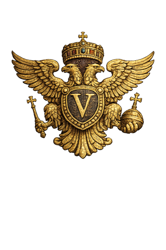 Gilded double-headed imperial eagle bearing a crowned V shield, the crest of the Vulcan corpus