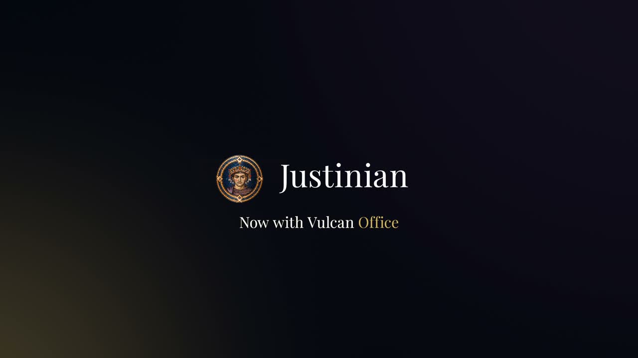 Justinian, now with Vulcan Office: the title card from the Vulcan Office launch video.